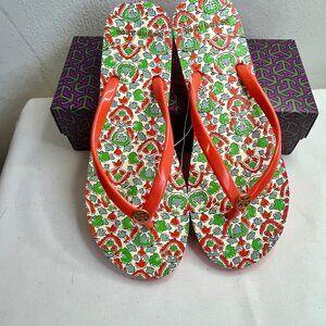 New Tory Burch Poppy Red/ Legacy Paisley Thin Flip Flops Size 8